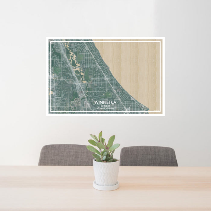24x36 Winnetka Illinois Map Print Lanscape Orientation in Afternoon Style Behind 2 Chairs Table and Potted Plant