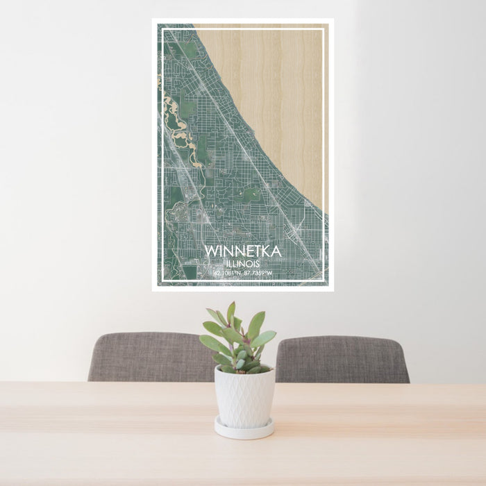 24x36 Winnetka Illinois Map Print Portrait Orientation in Afternoon Style Behind 2 Chairs Table and Potted Plant