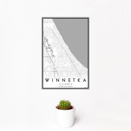 12x18 Winnetka Illinois Map Print Portrait Orientation in Classic Style With Small Cactus Plant in White Planter