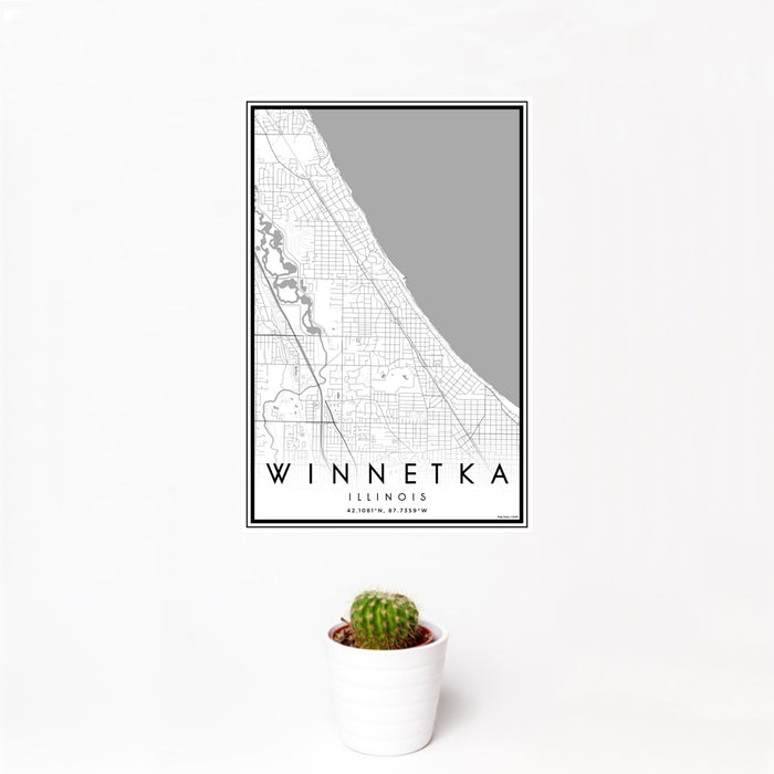 12x18 Winnetka Illinois Map Print Portrait Orientation in Classic Style With Small Cactus Plant in White Planter