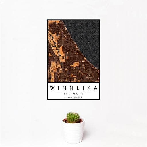 12x18 Winnetka Illinois Map Print Portrait Orientation in Ember Style With Small Cactus Plant in White Planter