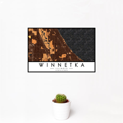 12x18 Winnetka Illinois Map Print Landscape Orientation in Ember Style With Small Cactus Plant in White Planter