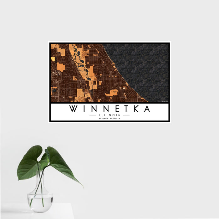 16x24 Winnetka Illinois Map Print Landscape Orientation in Ember Style With Tropical Plant Leaves in Water