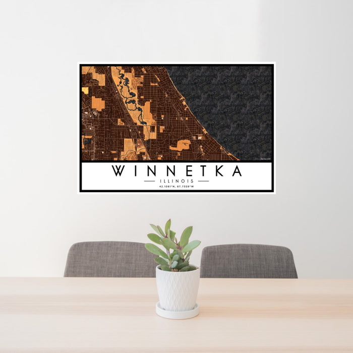 24x36 Winnetka Illinois Map Print Landscape Orientation in Ember Style Behind 2 Chairs Table and Potted Plant