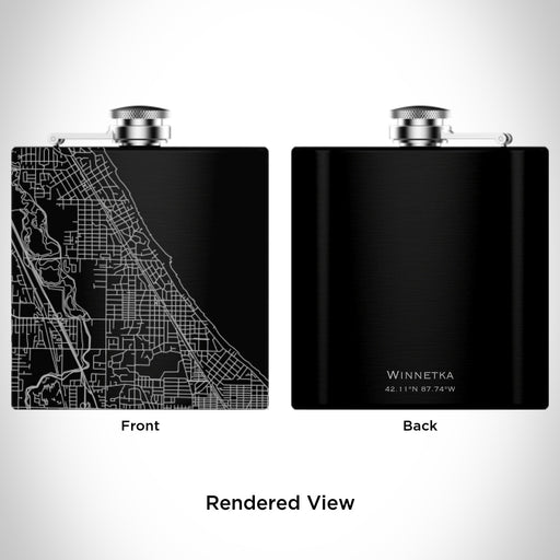 Rendered View of Winnetka Illinois Map Engraving on 6oz Stainless Steel Flask in Black