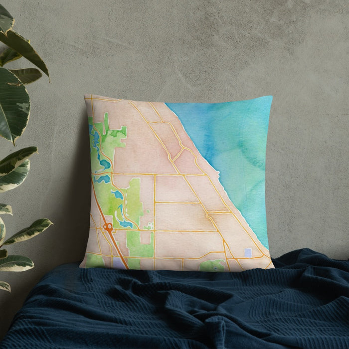 Custom Winnetka Illinois Map Throw Pillow in Watercolor on Bedding Against Wall