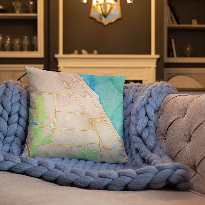 Custom Winnetka Illinois Map Throw Pillow in Watercolor on Cream Colored Couch