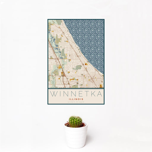 12x18 Winnetka Illinois Map Print Portrait Orientation in Woodblock Style With Small Cactus Plant in White Planter