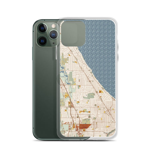 Custom Winnetka Illinois Map Phone Case in Woodblock on Table with Laptop and Plant