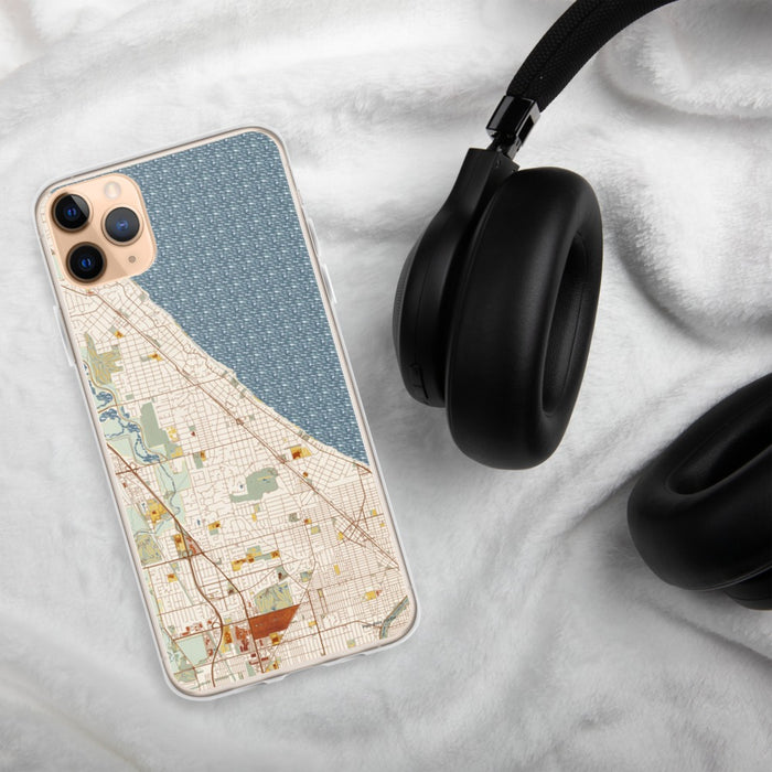 Custom Winnetka Illinois Map Phone Case in Woodblock on Table with Black Headphones