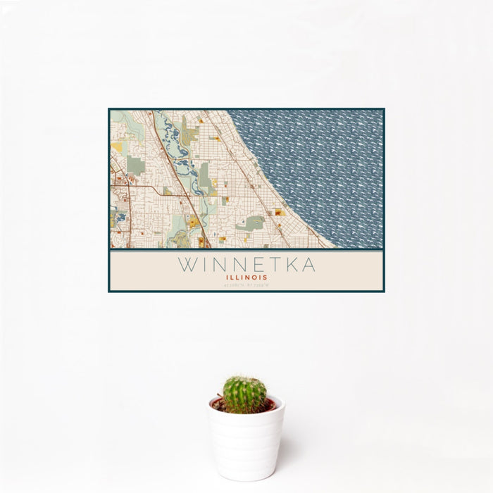 12x18 Winnetka Illinois Map Print Landscape Orientation in Woodblock Style With Small Cactus Plant in White Planter