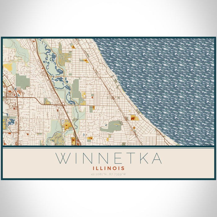 Winnetka Illinois Map Print Landscape Orientation in Woodblock Style With Shaded Background