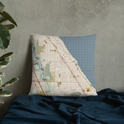 Custom Winnetka Illinois Map Throw Pillow in Woodblock on Bedding Against Wall