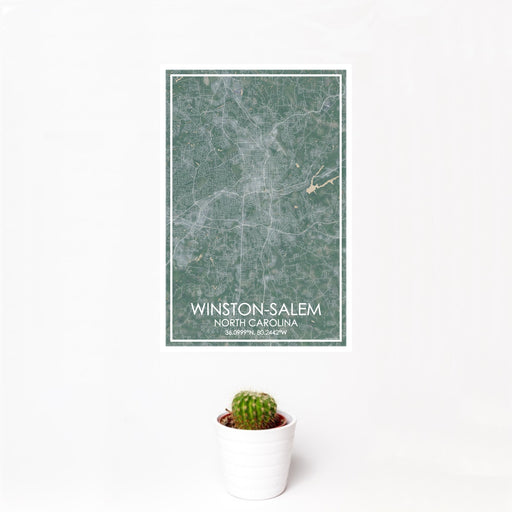 12x18 Winston-Salem North Carolina Map Print Portrait Orientation in Afternoon Style With Small Cactus Plant in White Planter