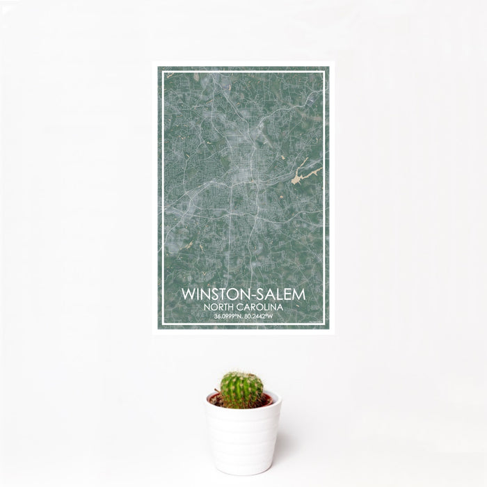 12x18 Winston-Salem North Carolina Map Print Portrait Orientation in Afternoon Style With Small Cactus Plant in White Planter