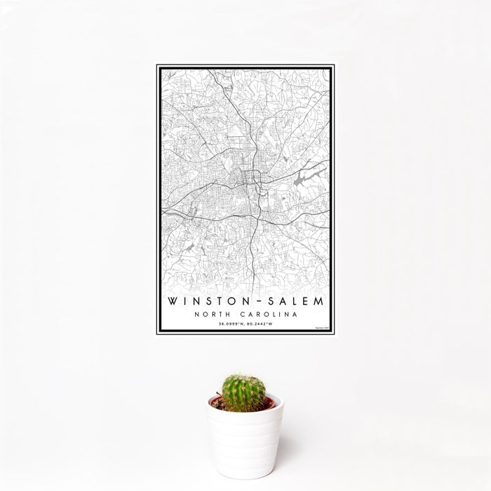 12x18 Winston-Salem North Carolina Map Print Portrait Orientation in Classic Style With Small Cactus Plant in White Planter
