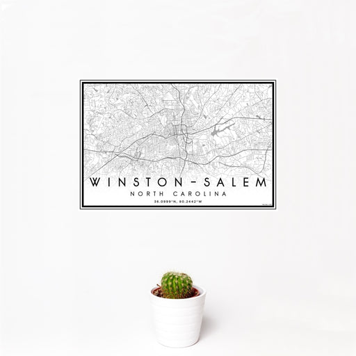 12x18 Winston-Salem North Carolina Map Print Landscape Orientation in Classic Style With Small Cactus Plant in White Planter