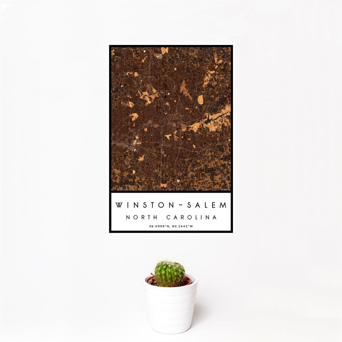 12x18 Winston-Salem North Carolina Map Print Portrait Orientation in Ember Style With Small Cactus Plant in White Planter