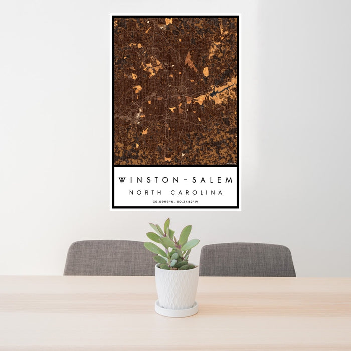 24x36 Winston-Salem North Carolina Map Print Portrait Orientation in Ember Style Behind 2 Chairs Table and Potted Plant