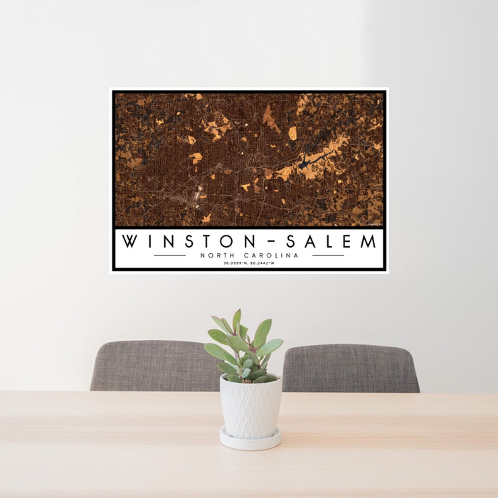 24x36 Winston-Salem North Carolina Map Print Landscape Orientation in Ember Style Behind 2 Chairs Table and Potted Plant