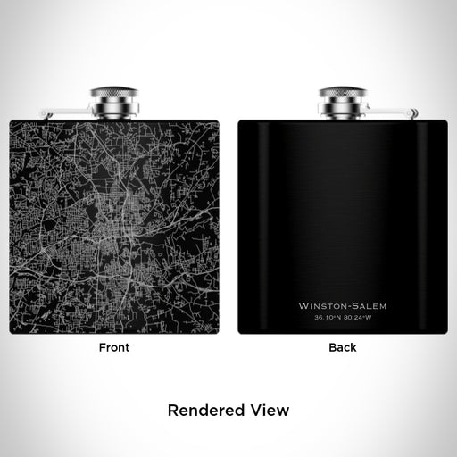 Rendered View of Winston-Salem North Carolina Map Engraving on 6oz Stainless Steel Flask in Black