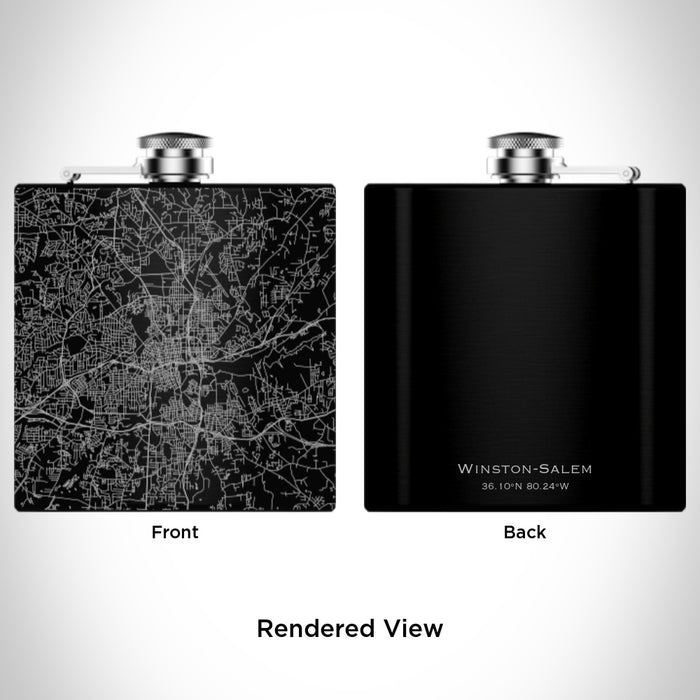 Rendered View of Winston-Salem North Carolina Map Engraving on 6oz Stainless Steel Flask in Black