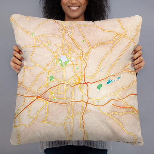 Person holding 22x22 Custom Winston-Salem North Carolina Map Throw Pillow in Watercolor