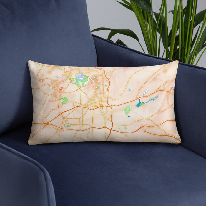 Custom Winston-Salem North Carolina Map Throw Pillow in Watercolor on Blue Colored Chair