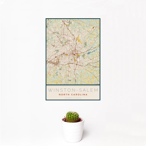12x18 Winston-Salem North Carolina Map Print Portrait Orientation in Woodblock Style With Small Cactus Plant in White Planter