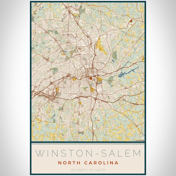 Winston-Salem North Carolina Map Print Portrait Orientation in Woodblock Style With Shaded Background