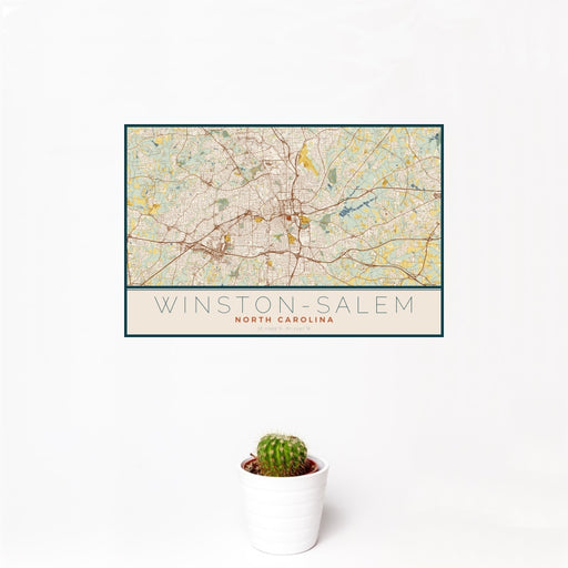 12x18 Winston-Salem North Carolina Map Print Landscape Orientation in Woodblock Style With Small Cactus Plant in White Planter