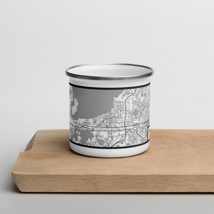 Front View Custom Winter Garden Florida Map Enamel Mug in Classic on Cutting Board