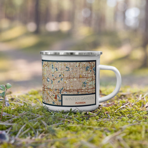 Right View Custom Winter Garden Florida Map Enamel Mug in Woodblock on Grass With Trees in Background