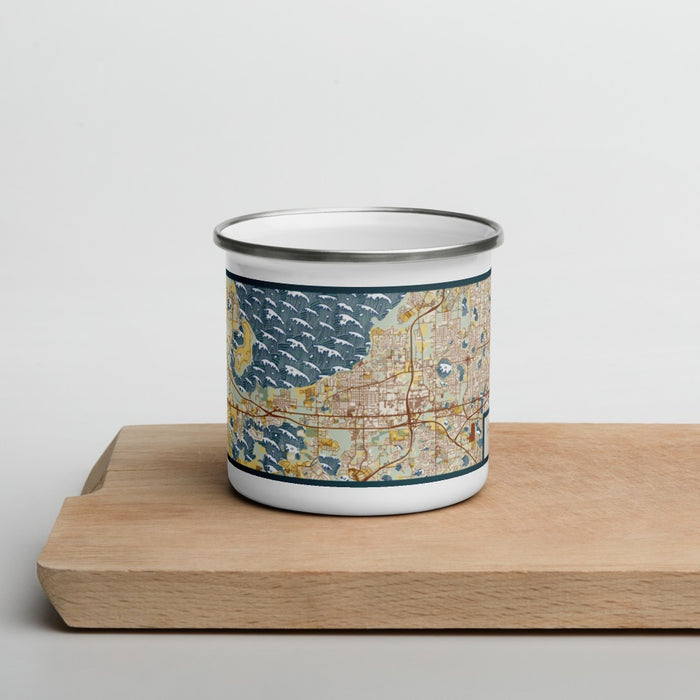 Front View Custom Winter Garden Florida Map Enamel Mug in Woodblock on Cutting Board