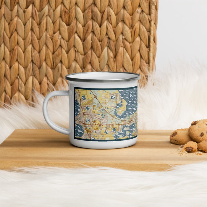 Left View Custom Winter Garden Florida Map Enamel Mug in Woodblock on Table Top