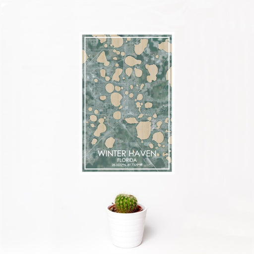 12x18 Winter Haven Florida Map Print Portrait Orientation in Afternoon Style With Small Cactus Plant in White Planter