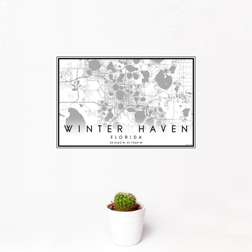 12x18 Winter Haven Florida Map Print Landscape Orientation in Classic Style With Small Cactus Plant in White Planter