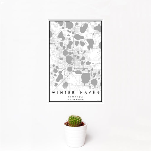 12x18 Winter Haven Florida Map Print Portrait Orientation in Classic Style With Small Cactus Plant in White Planter