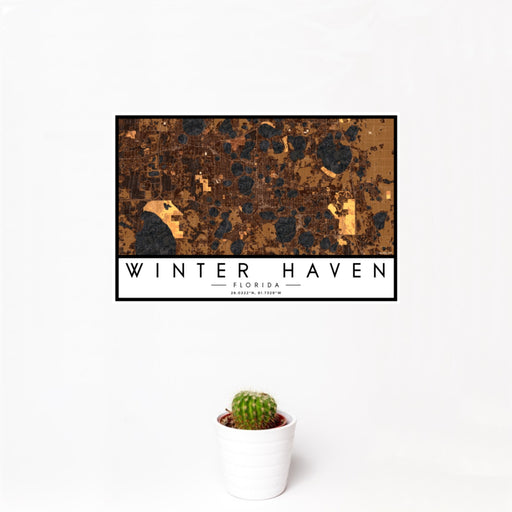 12x18 Winter Haven Florida Map Print Landscape Orientation in Ember Style With Small Cactus Plant in White Planter