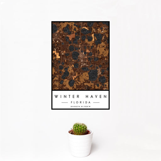 12x18 Winter Haven Florida Map Print Portrait Orientation in Ember Style With Small Cactus Plant in White Planter