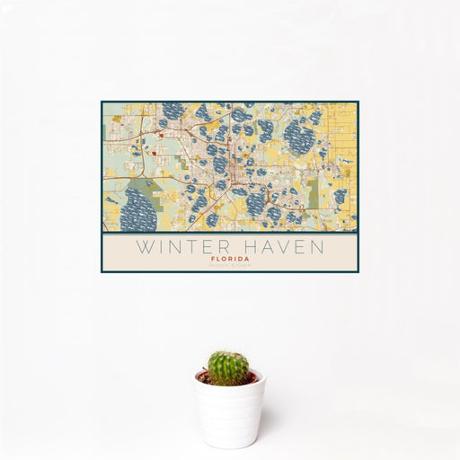 12x18 Winter Haven Florida Map Print Landscape Orientation in Woodblock Style With Small Cactus Plant in White Planter