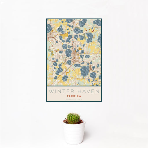 12x18 Winter Haven Florida Map Print Portrait Orientation in Woodblock Style With Small Cactus Plant in White Planter