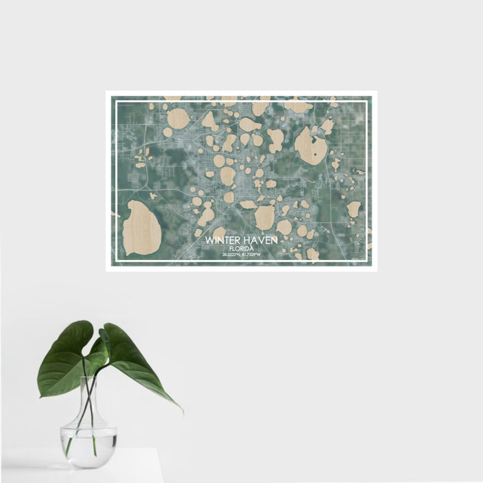 16x24 Winter Haven Florida Map Print Landscape Orientation in Afternoon Style With Tropical Plant Leaves in Water