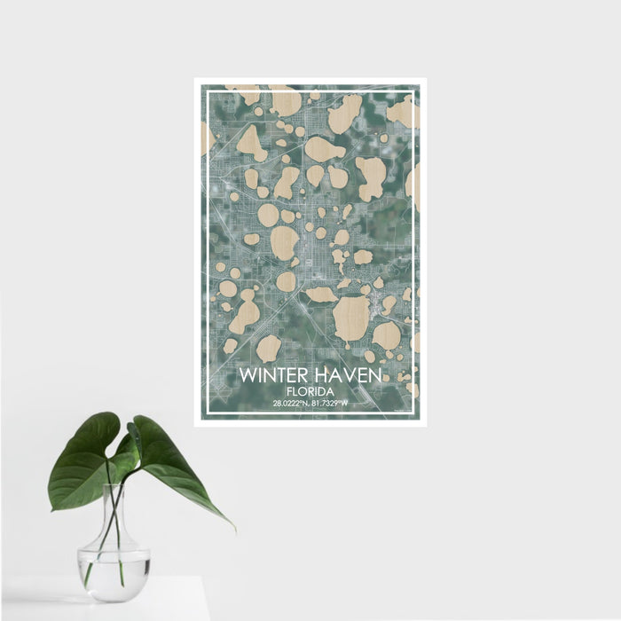 16x24 Winter Haven Florida Map Print Portrait Orientation in Afternoon Style With Tropical Plant Leaves in Water
