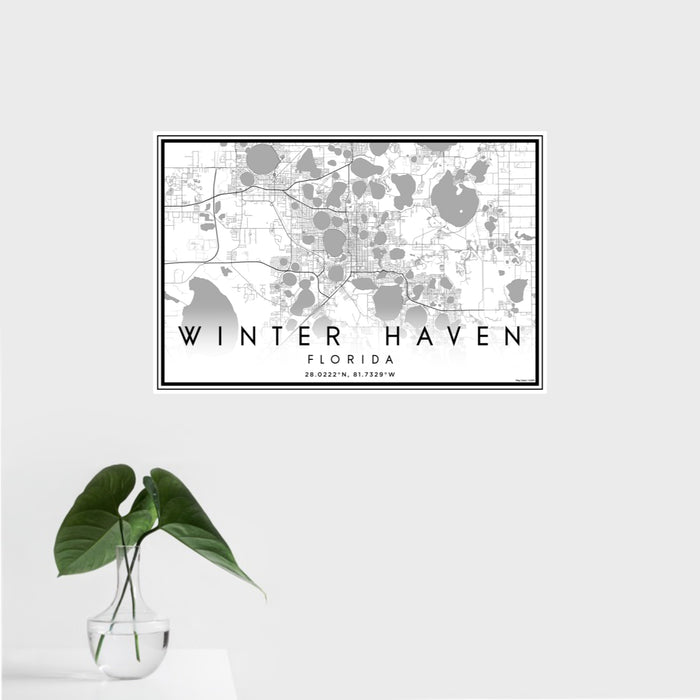 16x24 Winter Haven Florida Map Print Landscape Orientation in Classic Style With Tropical Plant Leaves in Water