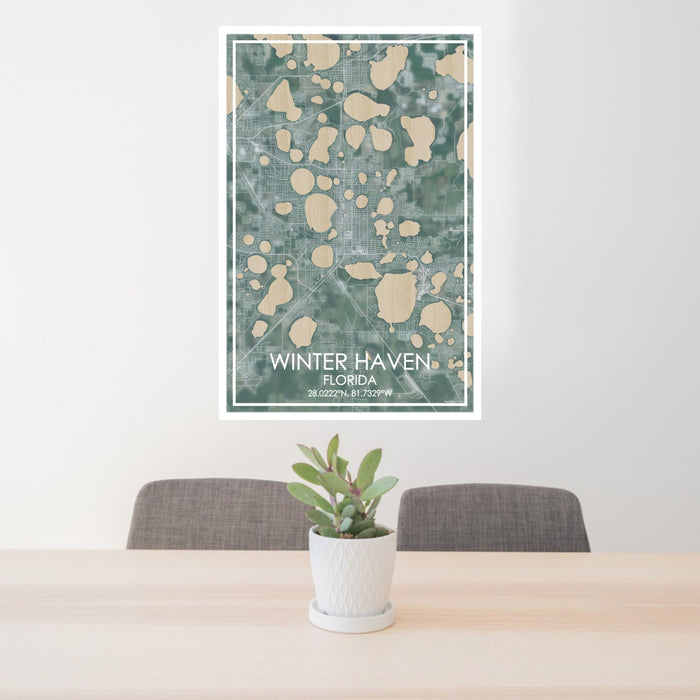 24x36 Winter Haven Florida Map Print Portrait Orientation in Afternoon Style Behind 2 Chairs Table and Potted Plant