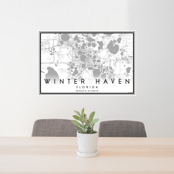 24x36 Winter Haven Florida Map Print Lanscape Orientation in Classic Style Behind 2 Chairs Table and Potted Plant