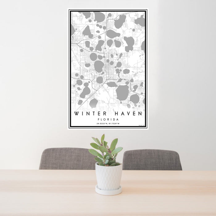 24x36 Winter Haven Florida Map Print Portrait Orientation in Classic Style Behind 2 Chairs Table and Potted Plant