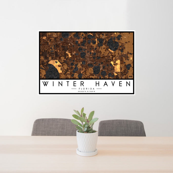 24x36 Winter Haven Florida Map Print Lanscape Orientation in Ember Style Behind 2 Chairs Table and Potted Plant
