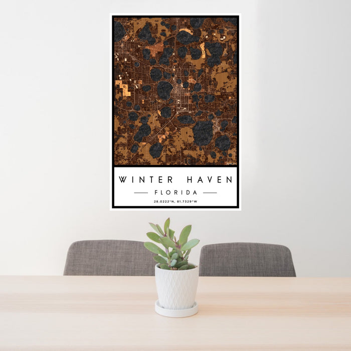 24x36 Winter Haven Florida Map Print Portrait Orientation in Ember Style Behind 2 Chairs Table and Potted Plant